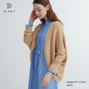 Cardigan Uniqlo 3D Knit Souffle Yarn Long-Sleeve Femme Beige | 7591841