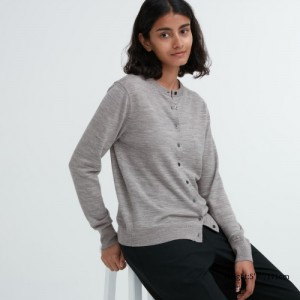 Cardigan Uniqlo Extra Fine Merino Crew Neck Femme Grise | 5624301