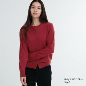 Cardigan Uniqlo Extra Fine Merino Crew Neck Femme Rouge | 3085227