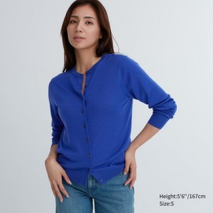 Cardigan Uniqlo Extra Fine Merino Crew Neck Femme Bleu | 8372372