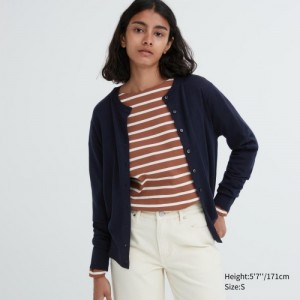 Cardigan Uniqlo Extra Fine Merino Crew Neck Femme Bleu Marine | 9250512