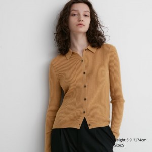 Cardigan Uniqlo Extra Fine Merino Ribbed Polo Femme Beige | 1704575