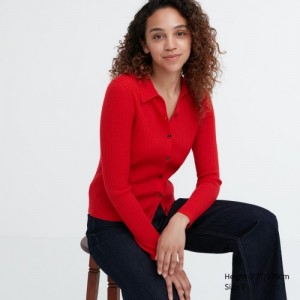 Cardigan Uniqlo Extra Fine Merino Ribbed Polo Femme Rouge | 7949612