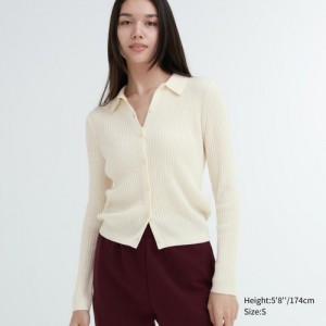Cardigan Uniqlo Extra Fine Merino Ribbed Polo Femme Blanche | 5458555
