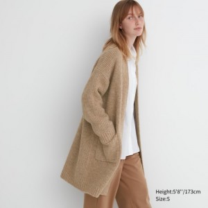 Cardigan Uniqlo Knitted Long Femme Beige | 7971423