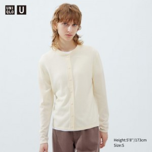 Cardigan Uniqlo Merino Blend Long-Sleeve Crew Neck Femme Blanche | 5027453