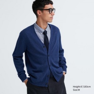 Cardigan Uniqlo Premium Lambswool V-Neck Femme Bleu | 9061857