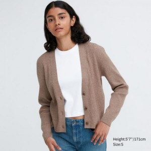 Cardigan Uniqlo Washable Knit Ribbed Long-Sleeve Femme Kaki | 4133269