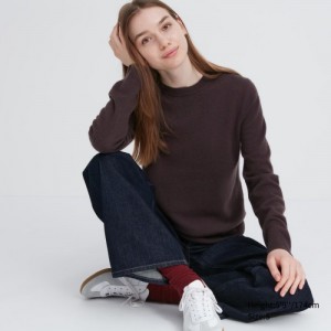 Chandails Uniqlo Cashmere Crew Neck Long-sleeve Femme Marron | 1426440