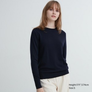 Chandails Uniqlo Extra Fine Merino Crew Neck Long-Sleeve Femme Bleu Marine | 9339705
