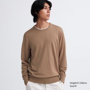 Chandails Uniqlo Extra Fine Merino Crew Neck Homme Beige | 9438542