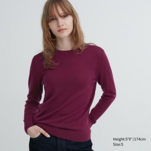 Chandails Uniqlo Extra Fine Merino Crew Neck Long-Sleeve Femme Bordeaux | 759532