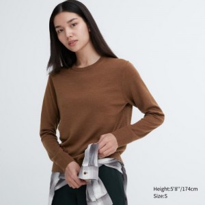 Chandails Uniqlo Extra Fine Merino Crew Neck Long-Sleeve Femme Marron | 618165