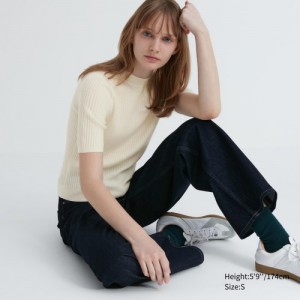Chandails Uniqlo Extra Fine Merino Ribbed Mock Neck Half-Sleeve Femme Blanche | 1802434