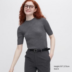 Chandails Uniqlo Extra Fine Merino Ribbed Mock Neck Half-Sleeve Femme Grise | 1853962
