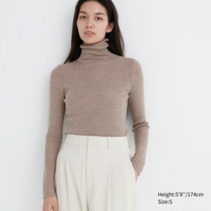Chandails Uniqlo Extra Fine Merino Ribbed Turtleneck Long-Sleeve Femme Beige | 1764857