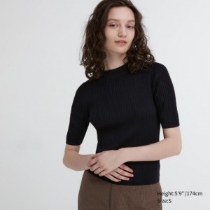 Chandails Uniqlo Extra Fine Merino Ribbed Mock Neck Half-Sleeve Femme Noir | 9103865
