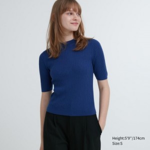 Chandails Uniqlo Extra Fine Merino Ribbed Mock Neck Half-Sleeve Femme Bleu | 4788907