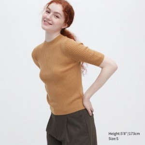 Chandails Uniqlo Extra Fine Merino Ribbed Mock Neck Half-Sleeve Femme Beige | 3950840
