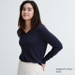Chandails Uniqlo Extra Fine Merino V-Neck Long-Sleeve Femme Bleu Marine | 9682716