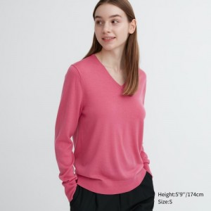 Chandails Uniqlo Extra Fine Merino V-Neck Long-Sleeve Femme Rose | 7864659