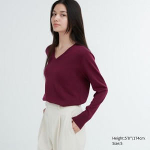 Chandails Uniqlo Extra Fine Merino V-Neck Long-Sleeve Femme Bordeaux | 3123393