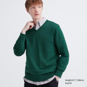 Chandails Uniqlo Extra Fine Merino V-Neck Long-Sleeve Femme Vert | 8767761