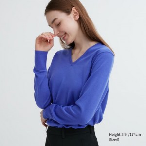 Chandails Uniqlo Extra Fine Merino V-Neck Long-Sleeve Femme Bleu | 7481239