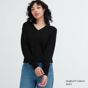 Chandails Uniqlo Extra Fine Merino V-Neck Long-Sleeve Femme Noir | 8611418