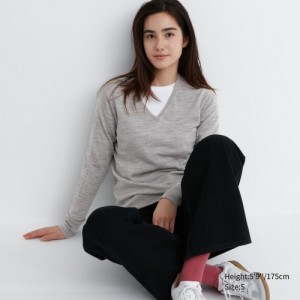 Chandails Uniqlo Extra Fine Merino V-Neck Long-Sleeve Femme Grise | 3324208