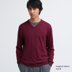 Chandails Uniqlo Extra Fine Merino V-neck Homme Bordeaux | 1785253