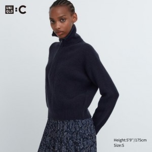 Chandails Uniqlo Premium Lambswool Half-Zip Long-Sleeve Femme Bleu Marine | 3669507