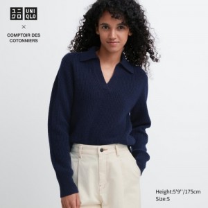 Chandails Uniqlo Premium Lambswool Long-Sleeve Polo Femme Bleu Marine | 7413751