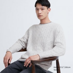 Chandails Uniqlo Souffle Yarn Cable Crew Neck Homme Blanche | 7572180