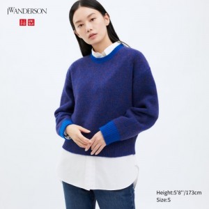 Chandails Uniqlo Souffle Yarn Crew Neck Long-Sleeve Femme Bleu | 5595846