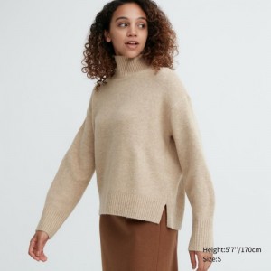Chandails Uniqlo Souffle Yarn High Neck Long-Sleeve Femme Beige | 1101410