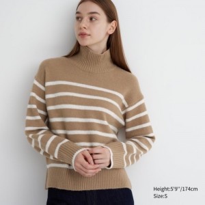Chandails Uniqlo Souffle Yarn Striped High Neck Long-Sleeve Femme Beige | 9690405