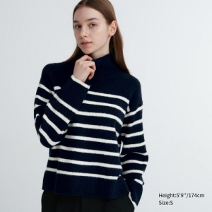 Chandails Uniqlo Souffle Yarn Striped High Neck Long-Sleeve Femme Bleu Marine | 6318748