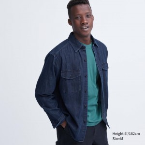 Chemises Uniqlo Denim Utility Long-sleeve Overshirt Homme Bleu | 858987