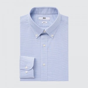 Chemises Uniqlo Easy Care Checked Stretch Slim-fit Long-sleeve Homme Bleu | 2636171