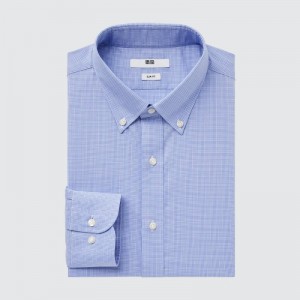 Chemises Uniqlo Easy Care Checked Stretch Slim-fit Long-sleeve Homme Bleu | 8457235
