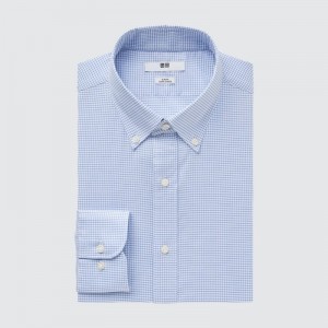 Chemises Uniqlo Easy Care Checked Stretch Slim-fit Long-sleeve Homme Bleu | 8110320