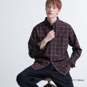 Chemises Uniqlo Extra Fine Cotton Broadcloth Checked Long-sleeve Homme Bordeaux | 9310063