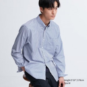 Chemises Uniqlo Extra Fine Cotton Broadcloth Striped Long-sleeve Homme Bleu | 1285493