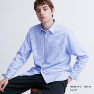 Chemises Uniqlo Extra Fine Cotton Broadcloth Striped Long-sleeve Homme Bleu | 5781818