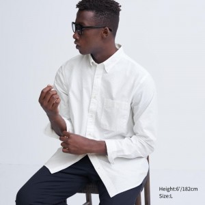 Chemises Uniqlo Extra Fine Cotton Broadcloth Dotted Long-sleeve Homme Blanche | 2588986