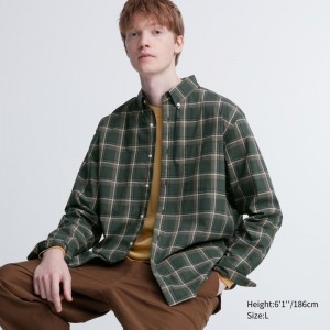 Chemises Uniqlo Extra Fine Cotton Broadcloth Checked Long-sleeve Homme Vert Olive | 6669856
