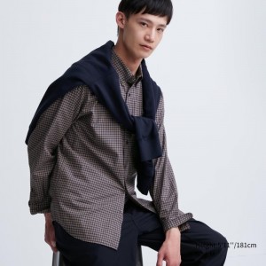 Chemises Uniqlo Extra Fine Cotton Broadcloth Checked Long-sleeve Homme Marron | 5946019