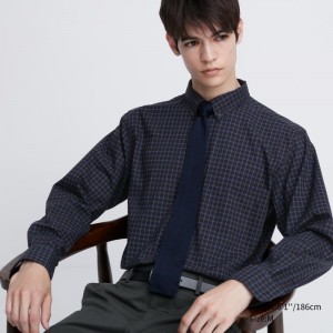 Chemises Uniqlo Extra Fine Cotton Broadcloth Checked Long-sleeve Homme Bleu Marine | 3842453