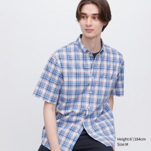 Chemises Uniqlo Extra Fine Cotton Short-sleeve Homme Bleu | 3348188